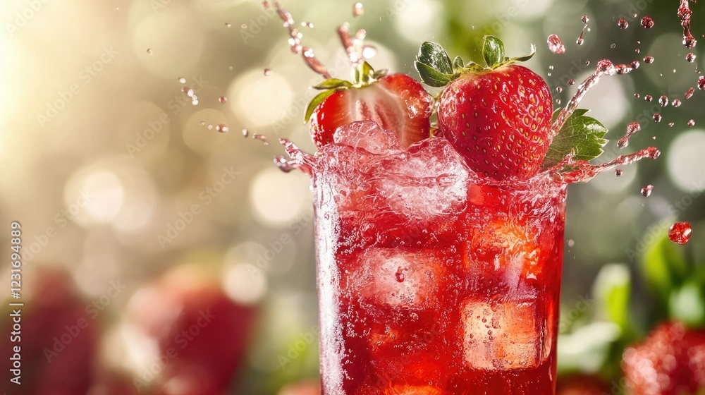 Poster fresh strawberries splashing into vibrant red juice, creating a dynamic and refreshing scene