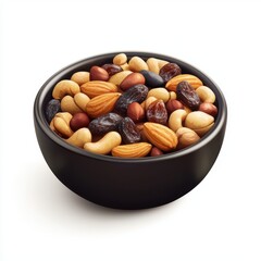 small bowl of mixed nuts and dried fruits, placed on a bright white background
