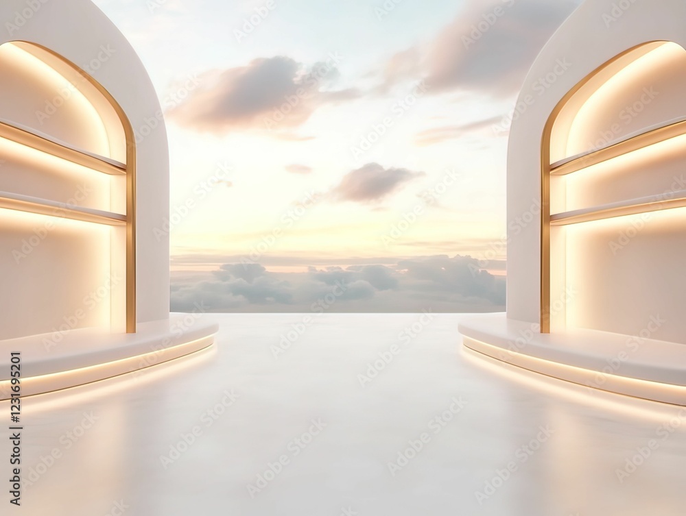 Poster a serene space featuring archways with soft lighting, overlooking a tranquil sky and clouds, creatin