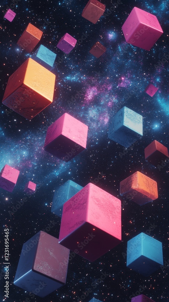 Poster a captivating image of colorful cubes dramatically floating through cosmic space, surrounded by star