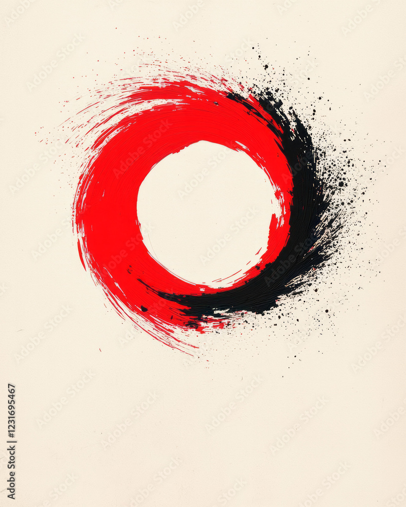 Poster a minimalist style swirl focusing on the contrast between intense red lines and faint pink washes, a