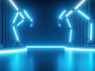 A futuristic scene featuring robotic arms illuminated by blue neon lights in a dark environment.