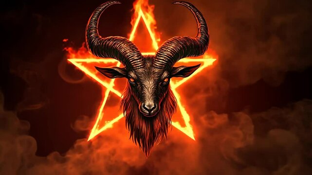 Symbolic representation of a goat's head within a star against a fiery background conveying themes of rebellion and mysticism