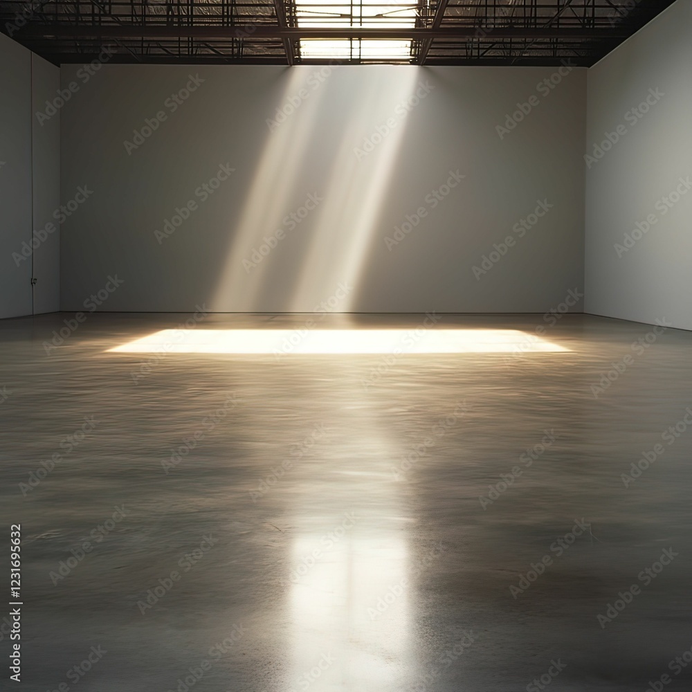 Poster a minimalistic room with light streaming through a skylight, creating a warm glow on the polished fl