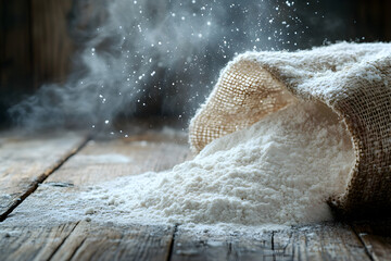Rustic Burlap Sack Spilling White Flour on Wooden Table with Dust Particles in Air.
