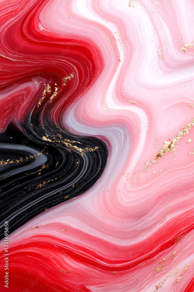 Fototapete a dynamic overhead swirl capturing the fluid motion of black paint veins through a field of red and 