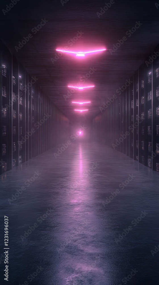 Poster a dimly lit corridor with pink neon lights, creating a futuristic and mysterious atmosphere in a sto