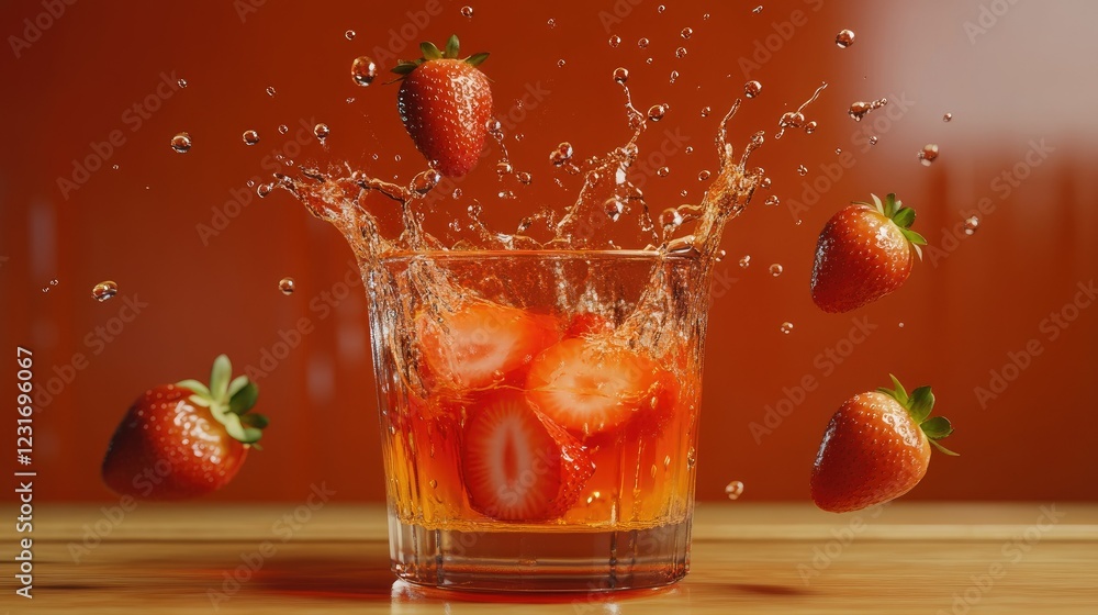 Poster high-speed capture of strawberry juice splash with floating fruit for a dynamic effect