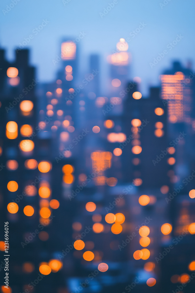 Aufkleber a dreamy close-up focusing on blurred outlines of skyscrapers under a fading sky, where illuminated 