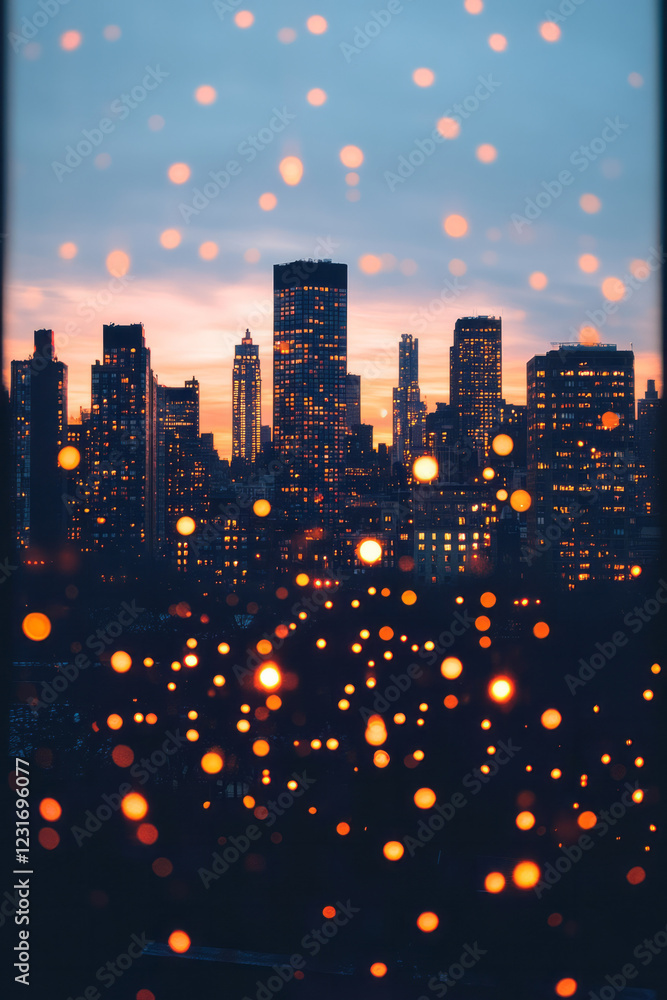 Aufkleber a dreamy close-up focusing on blurred outlines of skyscrapers under a fading sky, where illuminated 