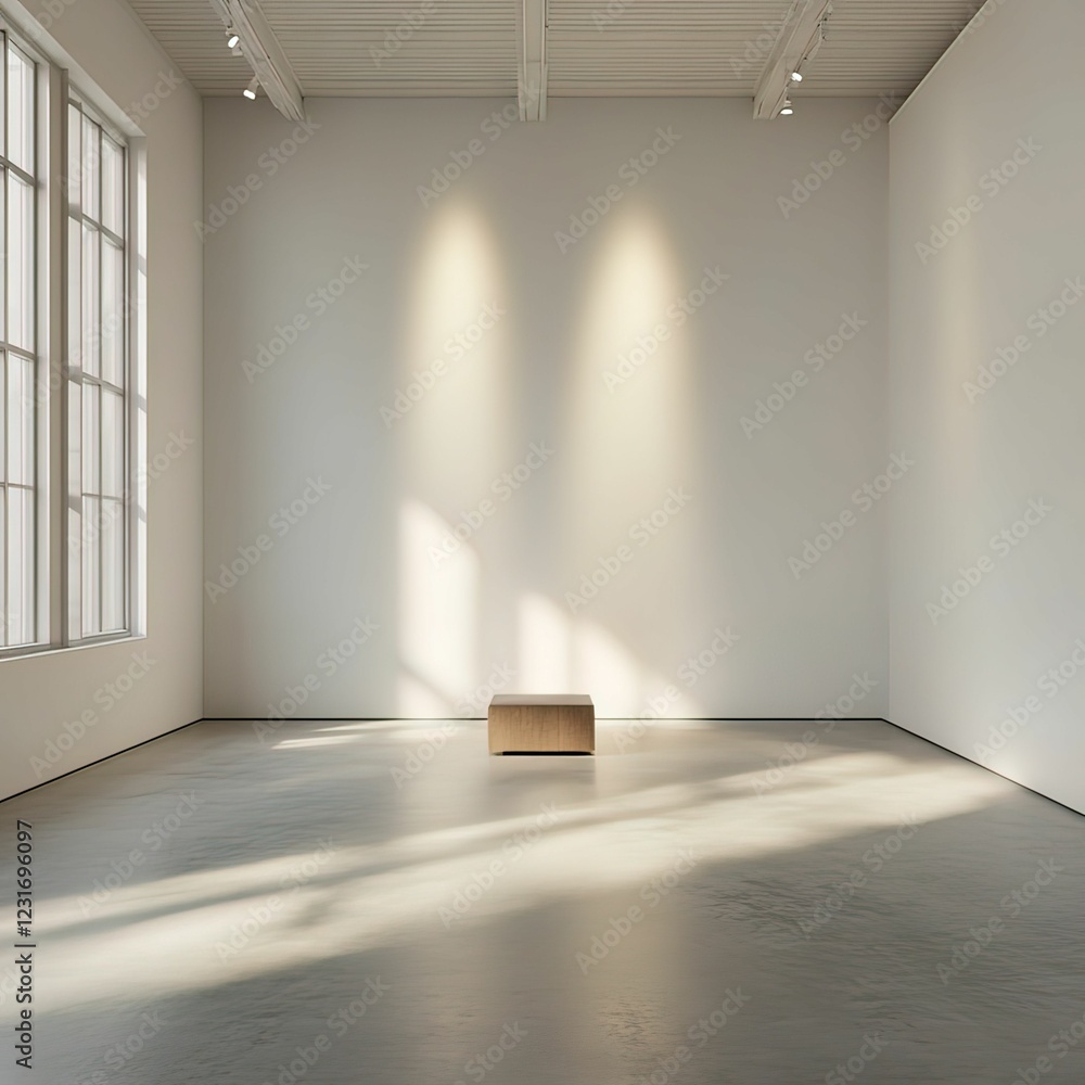 Aufkleber a minimalist art gallery featuring a single illuminated pedestal on a polished floor with soft light