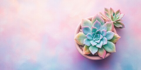 Obraz premium Succulent plants arrangement on pastel colored background. Potted succulent house plants. Flat lay, top view, copy space