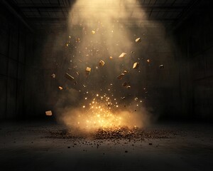 A dramatic explosion of dust and debris fills a dimly lit space, creating a sense of chaos and energy.