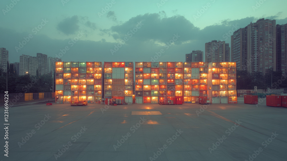 Poster a softly focused panorama featuring dusky clouds above a cluster of high-rises, each lit window shim