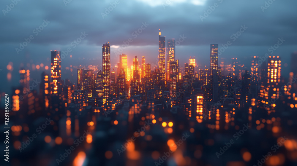 Poster a softly focused panorama featuring dusky clouds above a cluster of high-rises, each lit window shim