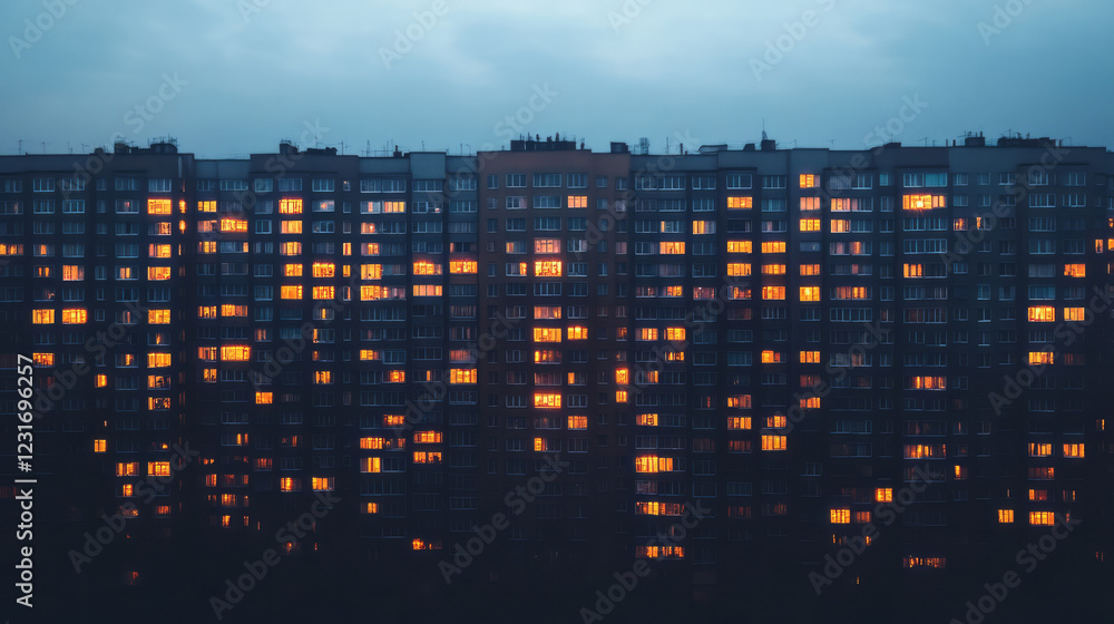 Poster a softly focused panorama featuring dusky clouds above a cluster of high-rises, each lit window shim