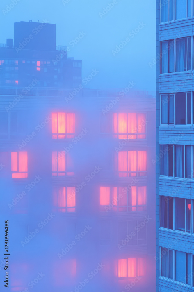 Poster a high-resolution close-up zooming in on a hazy skyline, faintly revealing windows bathed in gentle 