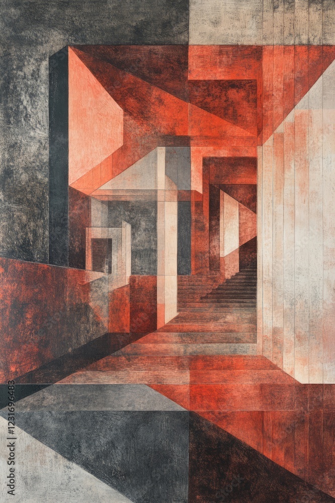 Poster abstract geometric artwork featuring bold red and gray shapes, creating a dynamic and modern archite