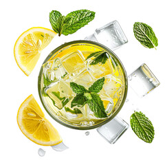 Refreshing lemon and mint cocktail with ice cubes, a perfect drink for summer. Top view of a glass with beverage, lemon slices, and mint leaves.