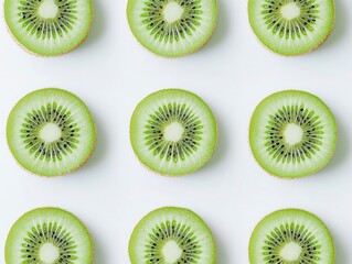 Fototapeta premium Fresh Kiwi Slices Arranged in a Symmetrical Pattern on White Background