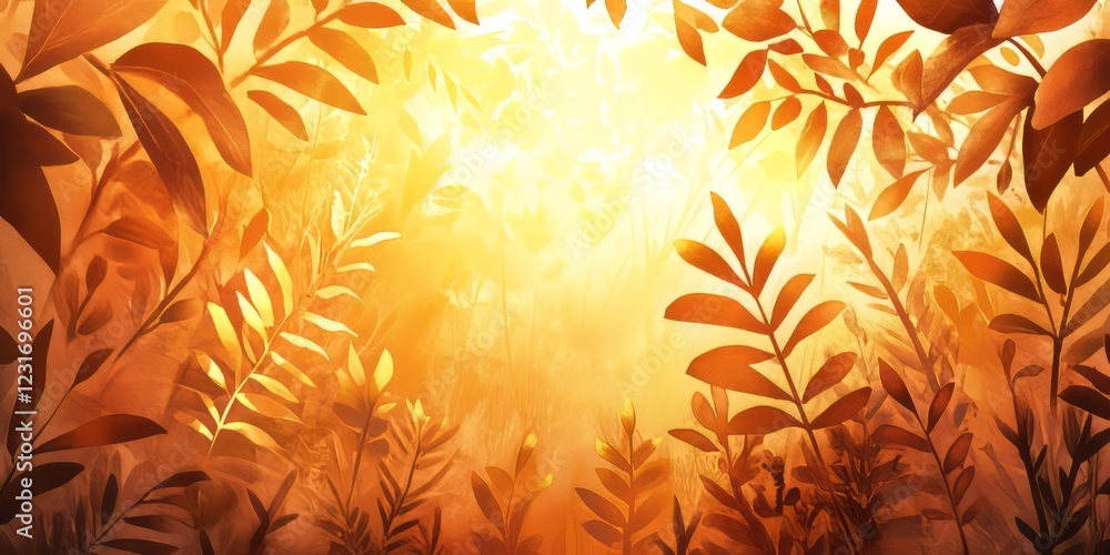 Poster golden autumn leaves illuminated by sunlight, creating a warm and inviting natural background in a f