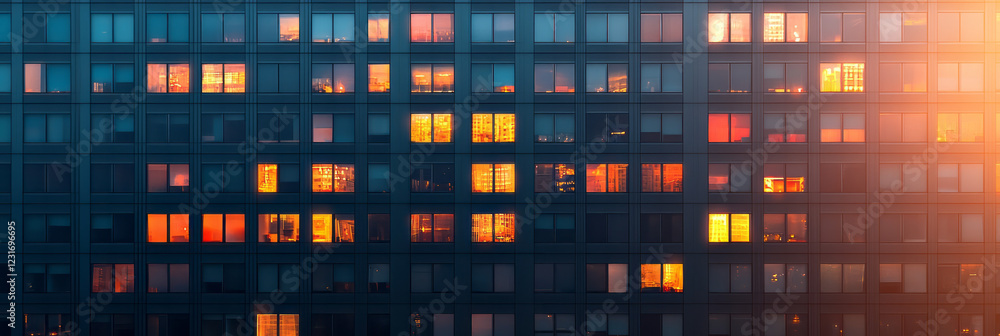 Poster A minimalist composition with a single iconic skyscraper in the foreground, subtly illuminated windows creating a reassuring night transition,