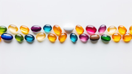 Colorful vitamins and capsules with copy space for healthcare and wellness concepts