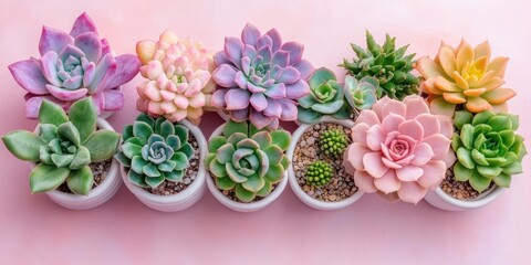 Succulent plants arrangement on pastel colored background. Potted succulent house plants. Flat lay, top view, copy space