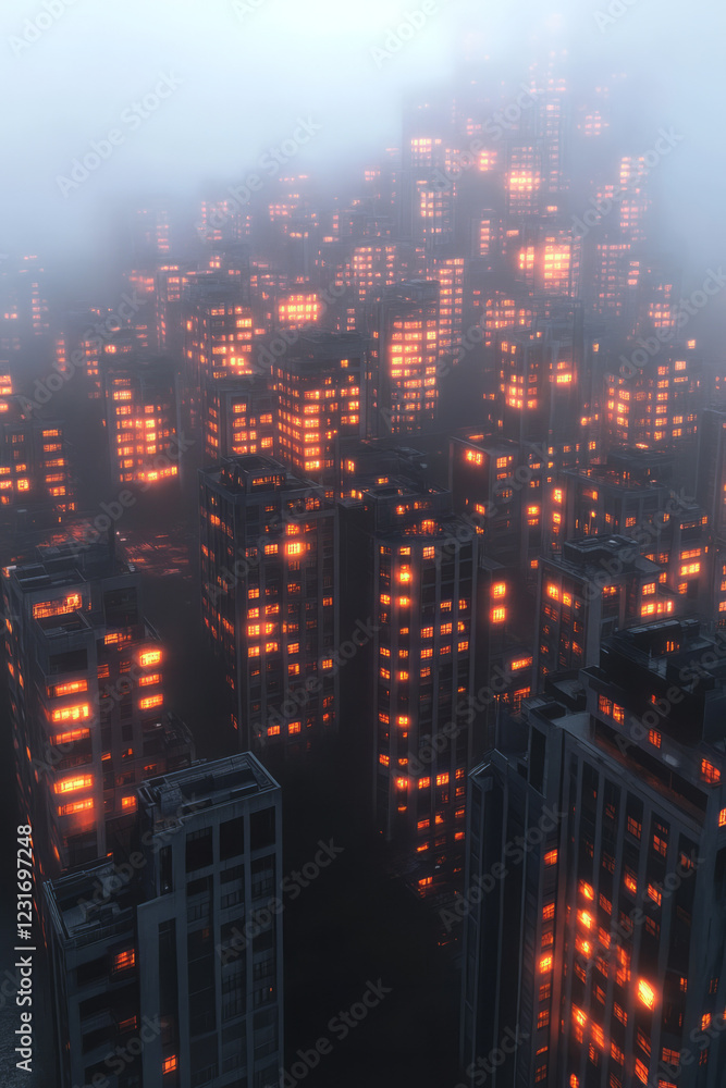 Aufkleber a creative portrayal of a nearly night-time skyline with a scattered glow in the buildingsâ€™ window