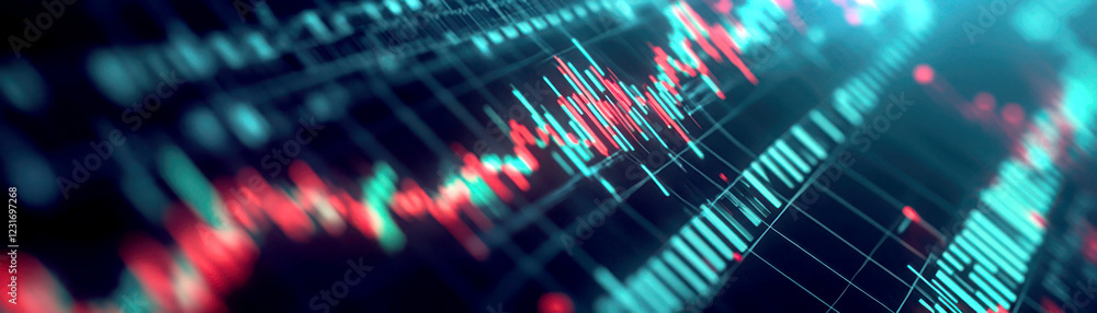 Poster abstract data visualization of stock market performance charts.