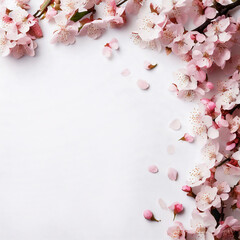 舞い散るピンクの桜の花びらと満開の桜の白い背景　俯瞰構図