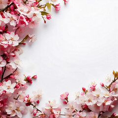 舞い散るピンクの桜の花びらと満開の桜の白い背景　俯瞰構図