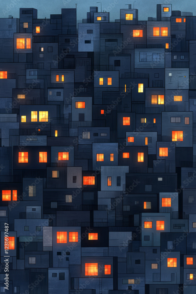 Poster a creative portrayal of a nearly night-time skyline with a scattered glow in the buildingsâ€™ window