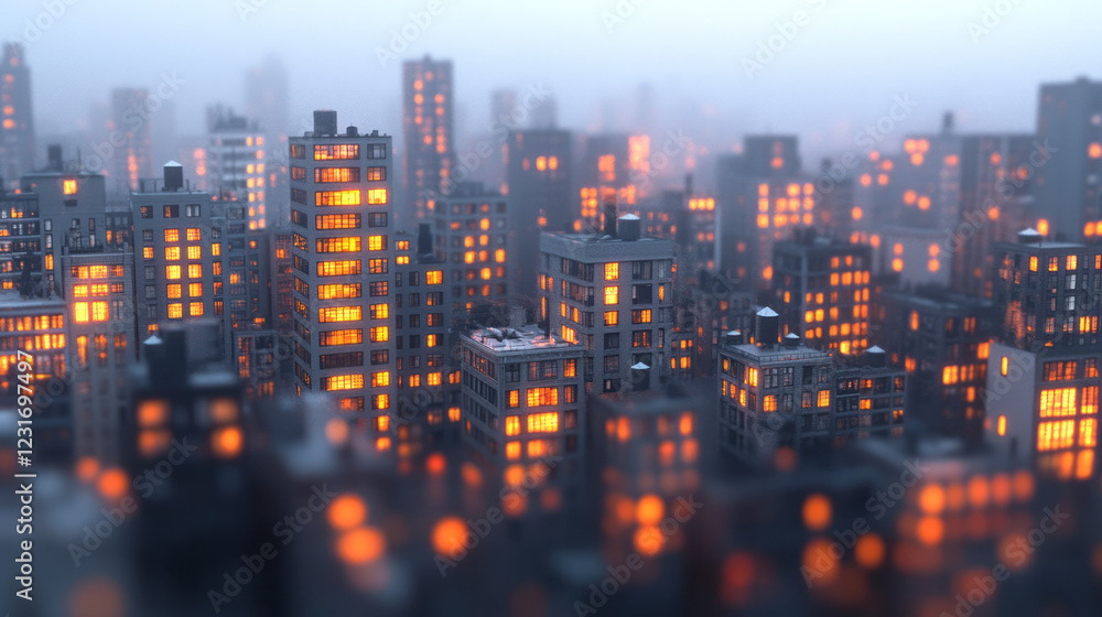 Aufkleber A cinematic angle of tall urban blocks fading into a soft blur, emphasizing pockets of glowing warmth in the windows as twilight deepens,