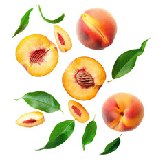 Top view of ripe, juicy peaches and green leaves on white background. Fresh summer fruit arrangement.