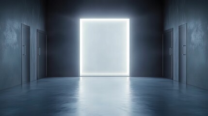 Obraz premium A dimly lit corridor with two doors on either side, leading to a brightly illuminated rectangular opening at the end.