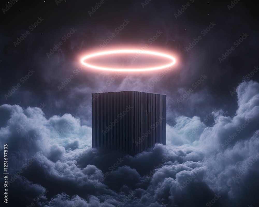 Poster a surreal scene featuring a dark cube surrounded by clouds, with a glowing halo hovering above it, c