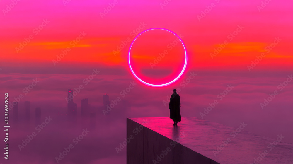 Aufkleber an elegant concept illustration featuring a tall android figure at the edge of a neon-lit observatio