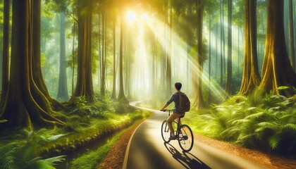 Naklejka premium A man pedals a bicycle on a forest path