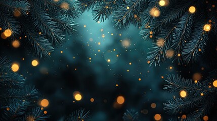 Christmas fir branches with bokeh lights. 