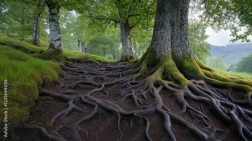 Poster a tree with roots that are spread out on the ground. the roots are brown and the tree is surrounded 