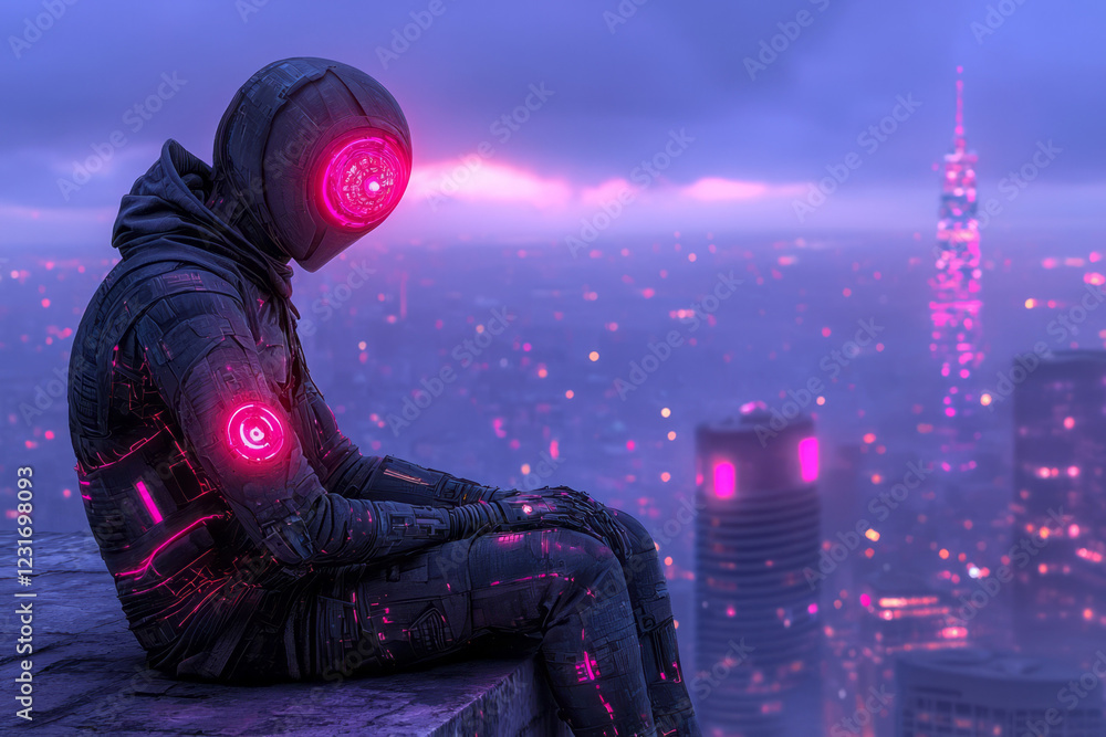 Poster a cinematic perspective capturing half the frame as a glowing city sprawl, and the other half the ro