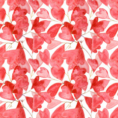 Whispers of Love: A Valentine’s Day Symphony of Delicate Heart Petals and Graceful Leaves in a Magical Garden of Romance. Red watercolor heart garden seamless pattern on a transparent background.