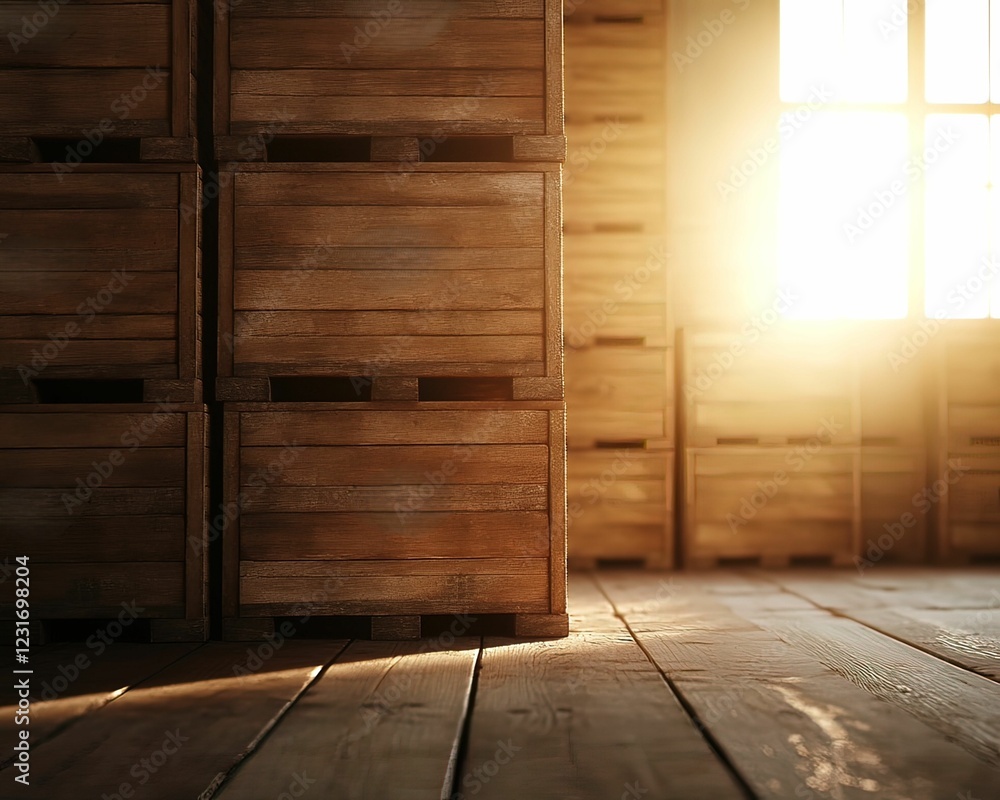 Poster warm sunlight streams through a window, illuminating wooden crates stacked in an indoor setting, cre