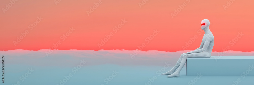 Poster A stylized composition blending smooth metallic limbs of the android with the softened dusk clouds, creating a tranquil yet futuristic mood,