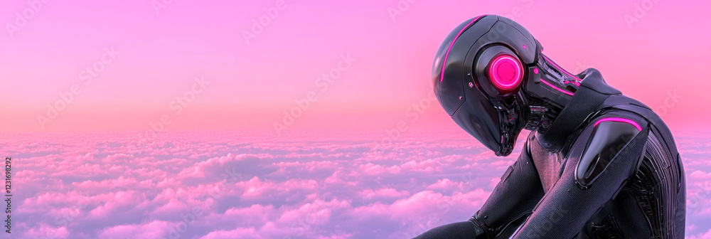 Poster A stylized composition blending smooth metallic limbs of the android with the softened dusk clouds, creating a tranquil yet futuristic mood,