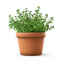 Fototapeta premium Thyme plant in a clay pot with fragrant leaves, placed on a bright white background