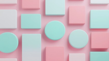Colorful Geometric Shapes in Pastel Shades Arranged on Pink Background for Abstract Design Use