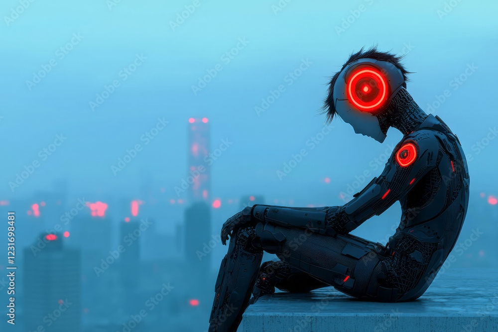 Aufkleber an artistic viewpoint from behind a futuristic android, arms resting on a safety rail, taking in the