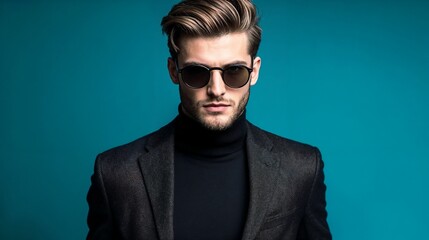 Fototapeta premium Stylish man in turtleneck and sunglasses. Perfect for luxury fashion and modern style content.
